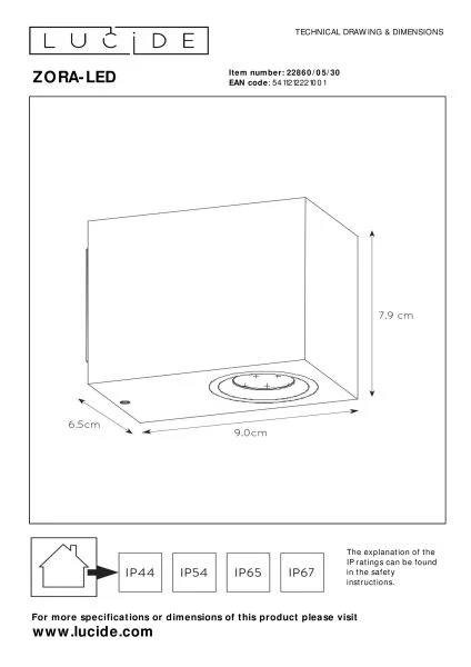 Lucide ZORA-LED - Wall spotlight Outdoor - LED Dim. - GU10 - 1x5W 3000K - IP44 - Black - technical